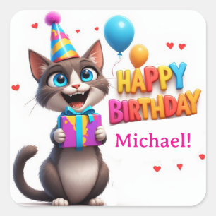 Funny Party Cat With Birthday Gift 🐾 Square Sticker