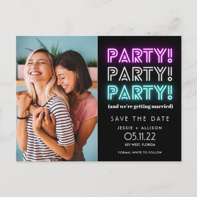 Funny Party Photo Lesbian Gay LGBT Save the Date A Announcement Postcard (Front)