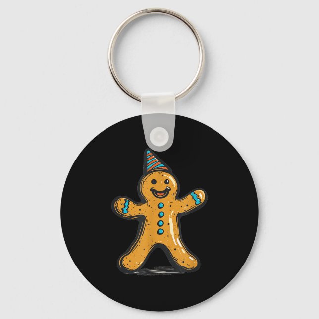 Funny Partying Gingerbread Man With Party Hat Cost Key Ring (Front)