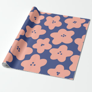 Funny pastel orange flowers on bright blue backgro wrapping paper
