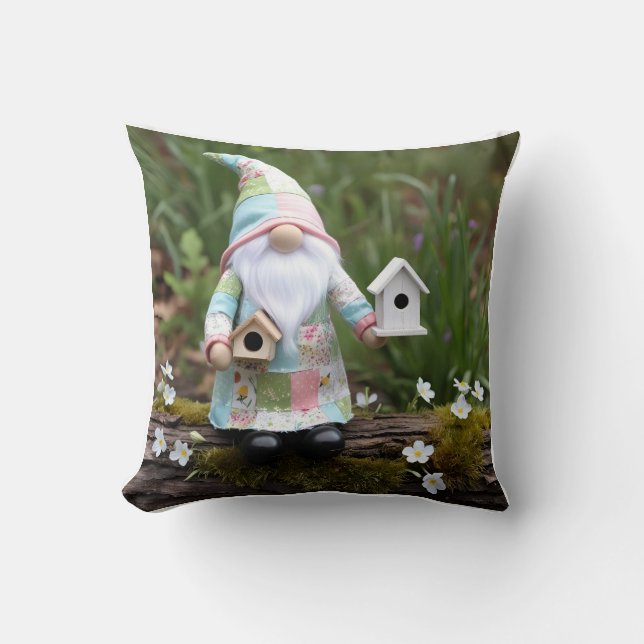 Funny Patchwork Gnome: Home Sweet Birdhouse Cushion (Front)