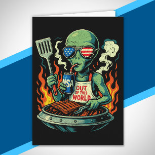 Funny Patriotic Alien Grilling Retro American BBQ Card