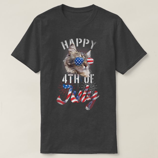 Funny Patriotic Cat Happy 4th of July Independence T-Shirt (Design Front)
