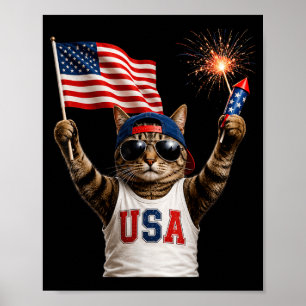 Funny Patriotic Cat Usa Flag Fireworks 250 Poster