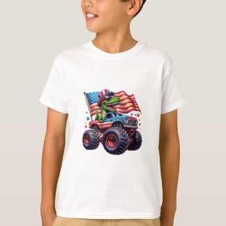 Funny Patriotic Dinosaur T Rex On Monster Truck  T-Shirt
