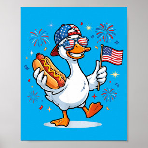 Funny Patriotic Duck Usa Flag Hot Dog 4th Of July Poster