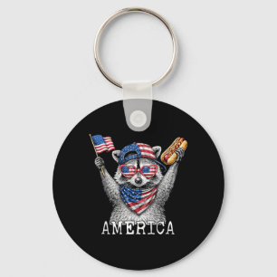 Funny Patriotic Flag 4th Of July Hotdog Racoon Key Ring