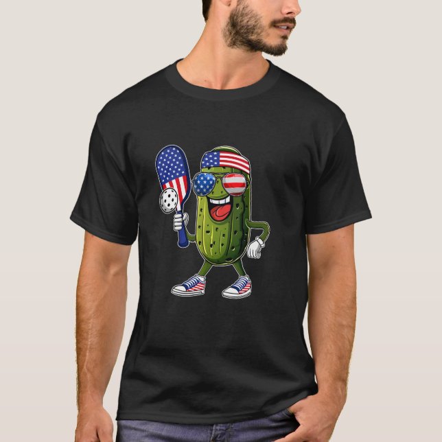 Funny Patriotic Pickle Playing Pickleball Paddle 4 T-Shirt (Front)