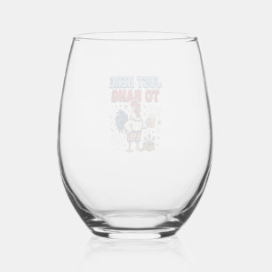 Funny Patriotic Rooster Fireworks Beer Shirt Desig Stemless Wine Glass