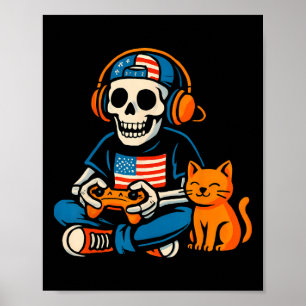 Funny Patriotic Skeleton Gamer Cartoon Video Games Poster