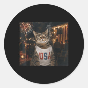 Funny Patriotic Smoking Cat Fireworks 4th Of July Classic Round Sticker