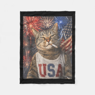 Funny Patriotic Smoking Cat Fireworks 4th Of July Fleece Blanket