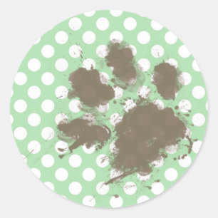 Funny Paw Print on Celadon Green Polka Dots Classic Round Sticker