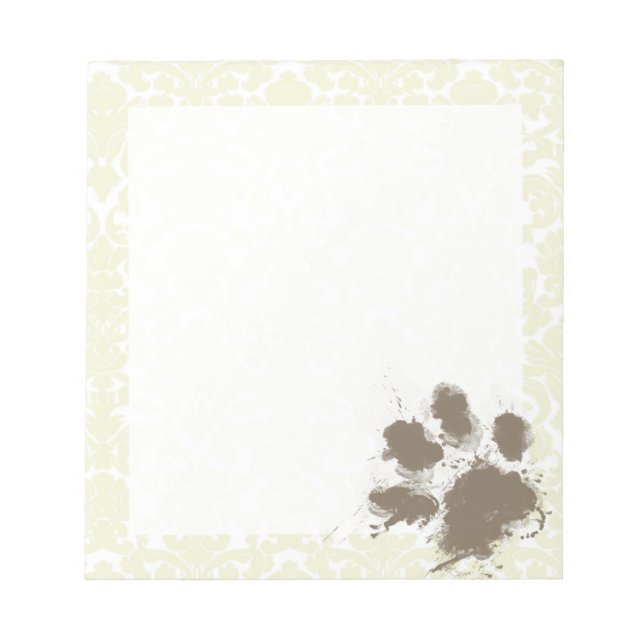 Funny Paw Print on Ivory Damask Pattern Notepad (Front)