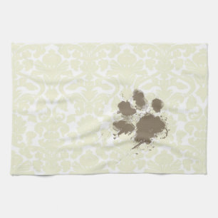Funny Paw Print on Ivory Damask Pattern Tea Towel