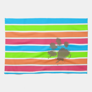 Funny Paw Print on Neon Stripes Tea Towel