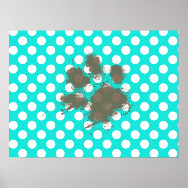 Funny Pawprint; Aqua Colour Polka Dots Poster (Front)