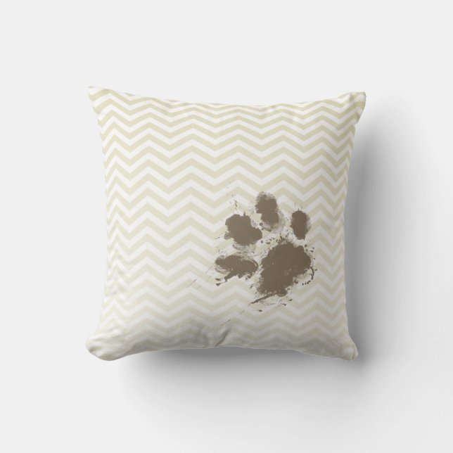 Funny Pawprint on Beige Chevron; zig zag Cushion (Front)