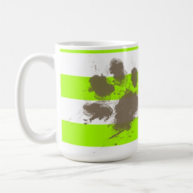 Funny Pawprint on Electric Lime Green Stripes Coffee Mug (Left)
