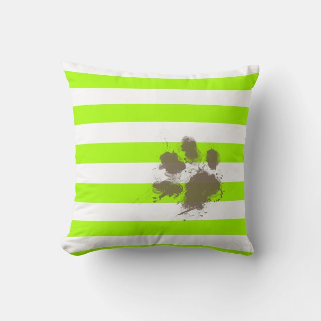 Funny Pawprint on Electric Lime Green Stripes Cushion (Front)
