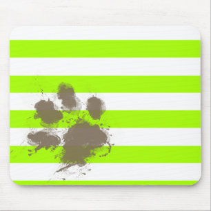 Funny Pawprint on Electric Lime Green Stripes Mouse Pad