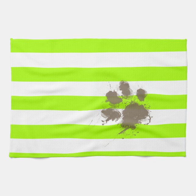 Funny Pawprint on Electric Lime Green Stripes Tea Towel (Horizontal)