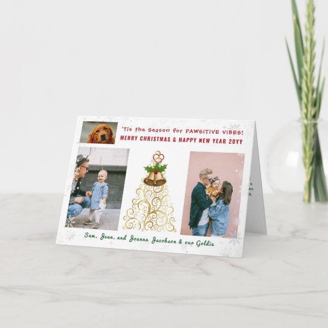 Funny Pawsitive Dog Cat 3 Photos Cute Snowflakes Card (Front)