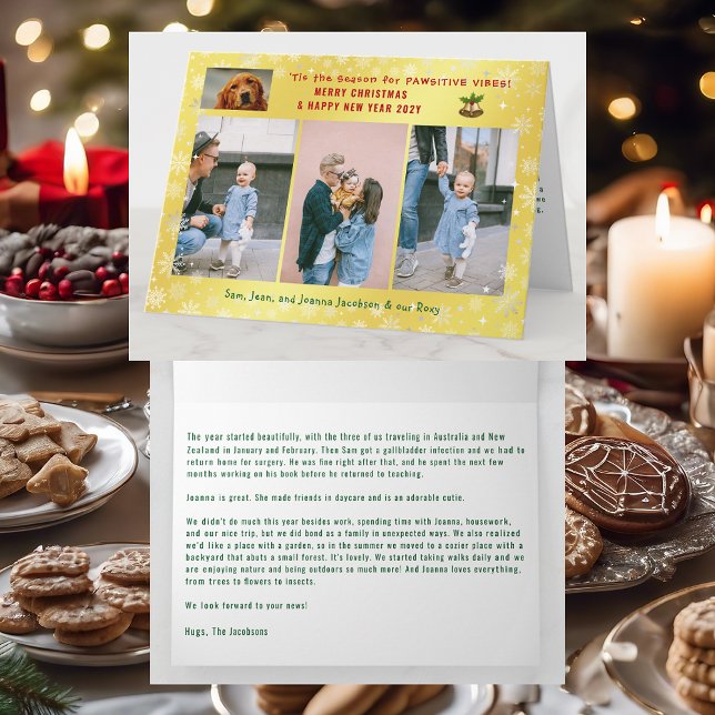 Funny Pawsitive Dog Cat 4 Photos Minimalist Golden Card (Cute Elegant Funny Pet Dog Pawsitive Vibes Merry Xmas Happy New Year 4 Photos Snow Letter Golden)