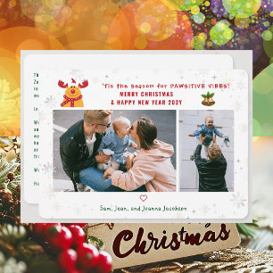 Funny Pawsitive Rudolph 2 Photos Minimalist Modern Holiday Card