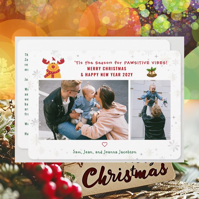 Funny Pawsitive Rudolph 2 Photos Minimalist Modern Holiday Card (Cute Funny Rudolph Pawsitive Vibes Merry Christmas Happy New Year 'Tis the Season 2 Photos Letter)