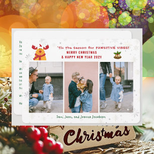 Funny Pawsitive Rudolph 3 Photos Minimalist Modern Holiday Card