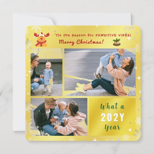 Funny Pawsitive Rudolph Elegant Cute Golden Photo Holiday Card (Front)