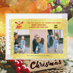 Funny Pawsitive Rudolph Minimalist Elegant 3 Photo Holiday Card