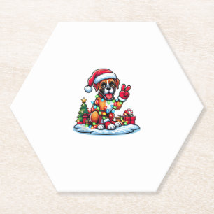 Funny Peace Hand Boxer Dog Christmas Lights Womens Paper Coaster