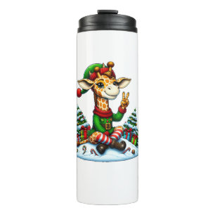 Funny Peace Hand Giraffe Elf Christmas Womens Mens Thermal Tumbler