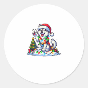Funny Peace Hand Husky Christmas Lights Womens Men Classic Round Sticker