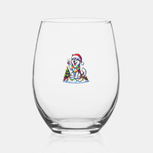 Funny Peace Hand Husky Christmas Lights Womens Men Stemless Wine Glass