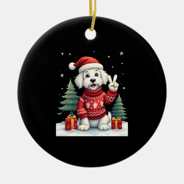 Funny Peace Hand Maltese Christmas Lights Womens M Ceramic Ornament (Front)