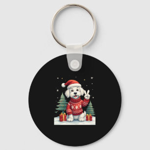 Funny Peace Hand Maltese Christmas Lights Womens M Key Ring