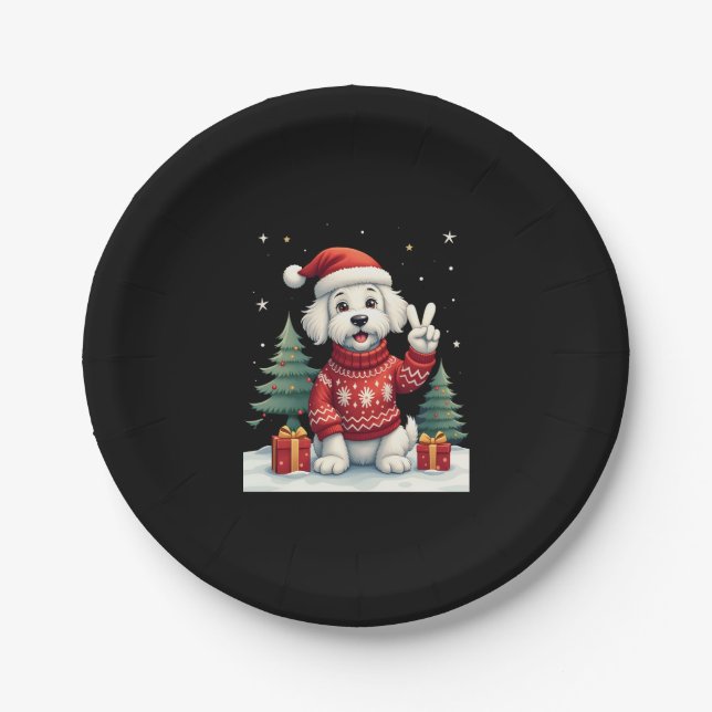 Funny Peace Hand Maltese Christmas Lights Womens M Paper Plate (Front)