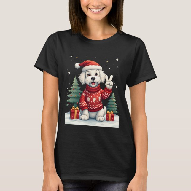 Funny Peace Hand Maltese Christmas Lights Womens M T-Shirt (Front)
