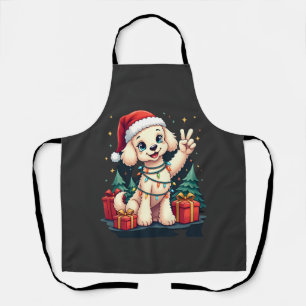 Funny Peace Hand Poodle Christmas Lights Womens Me Apron