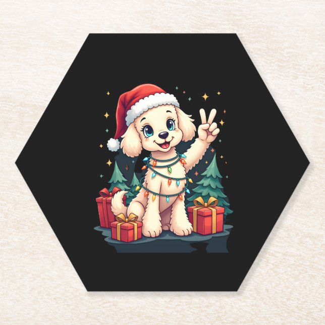 Funny Peace Hand Poodle Christmas Lights Womens Me Paper Coaster (Front)