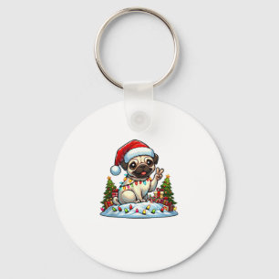 Funny Peace Hand Pug Christmas Lights Womens Mens Key Ring