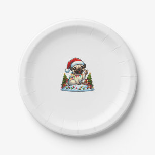 Funny Peace Hand Pug Christmas Lights Womens Mens Paper Plate