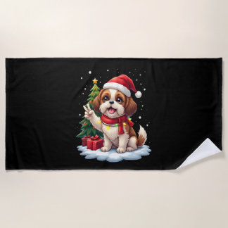 Funny Peace Hand Shih Tzu Christmas Lights Womens  Beach Towel