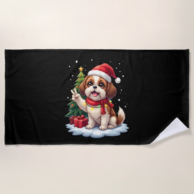 Funny Peace Hand Shih Tzu Christmas Lights Womens  Beach Towel (Front)