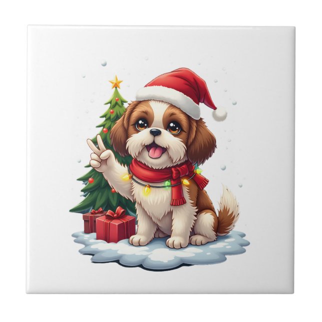 Funny Peace Hand Shih Tzu Christmas Lights Womens  Ceramic Tile (Front)