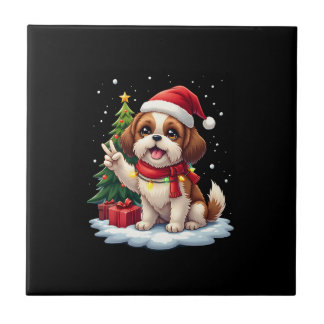 Funny Peace Hand Shih Tzu Christmas Lights Womens  Ceramic Tile