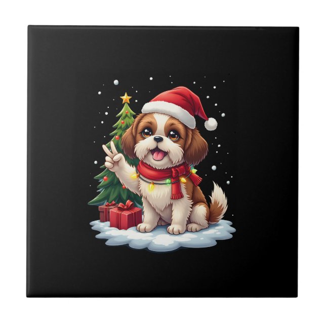 Funny Peace Hand Shih Tzu Christmas Lights Womens  Ceramic Tile (Front)